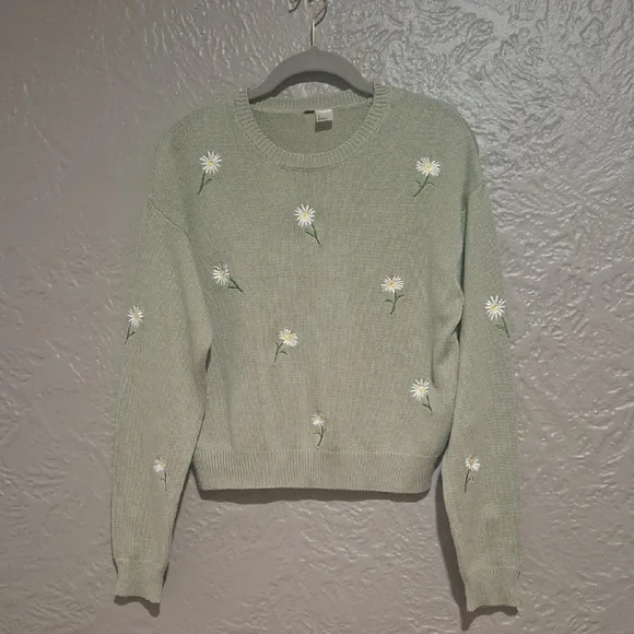 Divided Women's Sage Green Sweater with Daisy Embroidery Size S - Picture 1 of 10